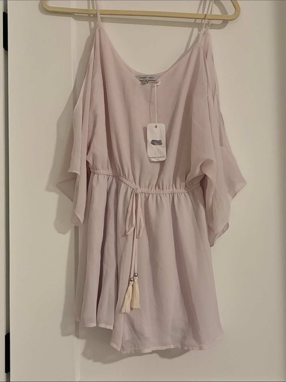 NWT Naked Zebra Light Mauve V-Neck Romper with Tassel Drawstring